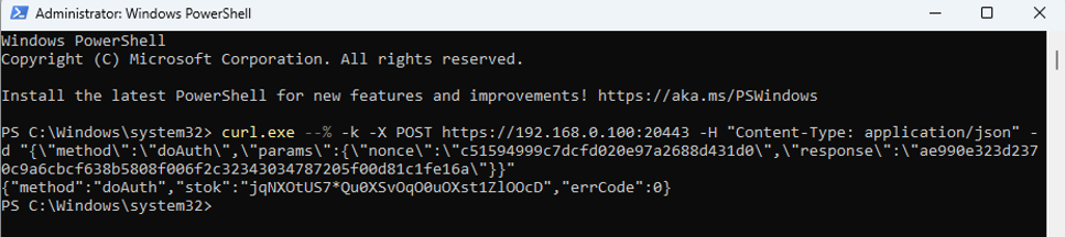 Windows PowerShell shows the second doAuth request returning a stok with errCode 0.