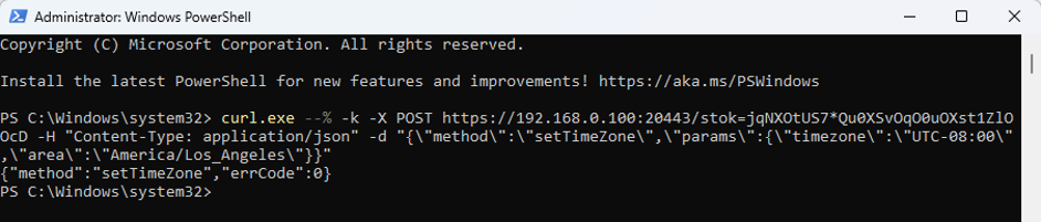 Windows PowerShell shows the setTimeZone request returning errCode 0.