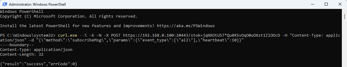 Windows PowerShell shows the subscribeMsg request returning errCode 0.