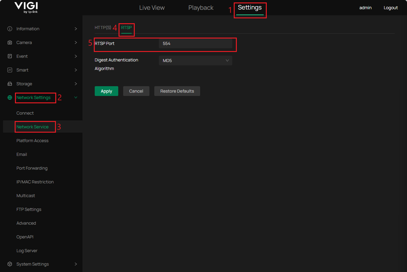 VIGI camera RTSP page shows RTSP port 554 under Network Service.