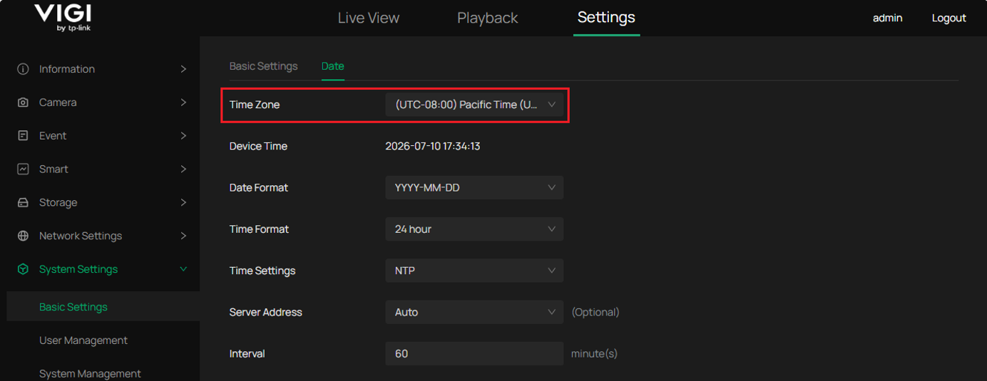 VIGI camera Date page shows the time zone changed to UTC-08:00 Pacific Time.