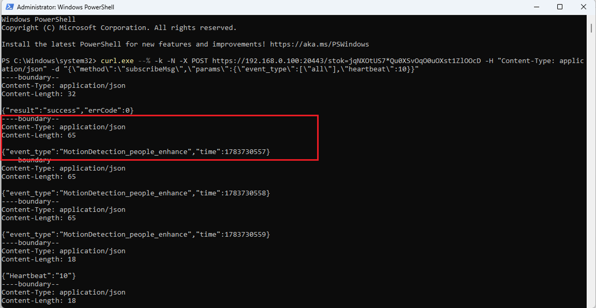 Windows PowerShell prints heartbeat packets and MotionDetection event messages after subscribeMsg succeeds.