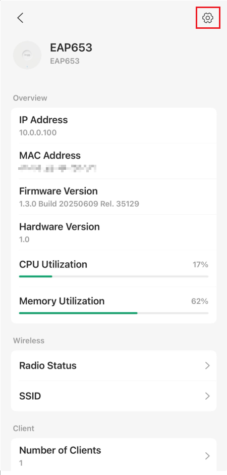Device page displays overview and wireless settings.