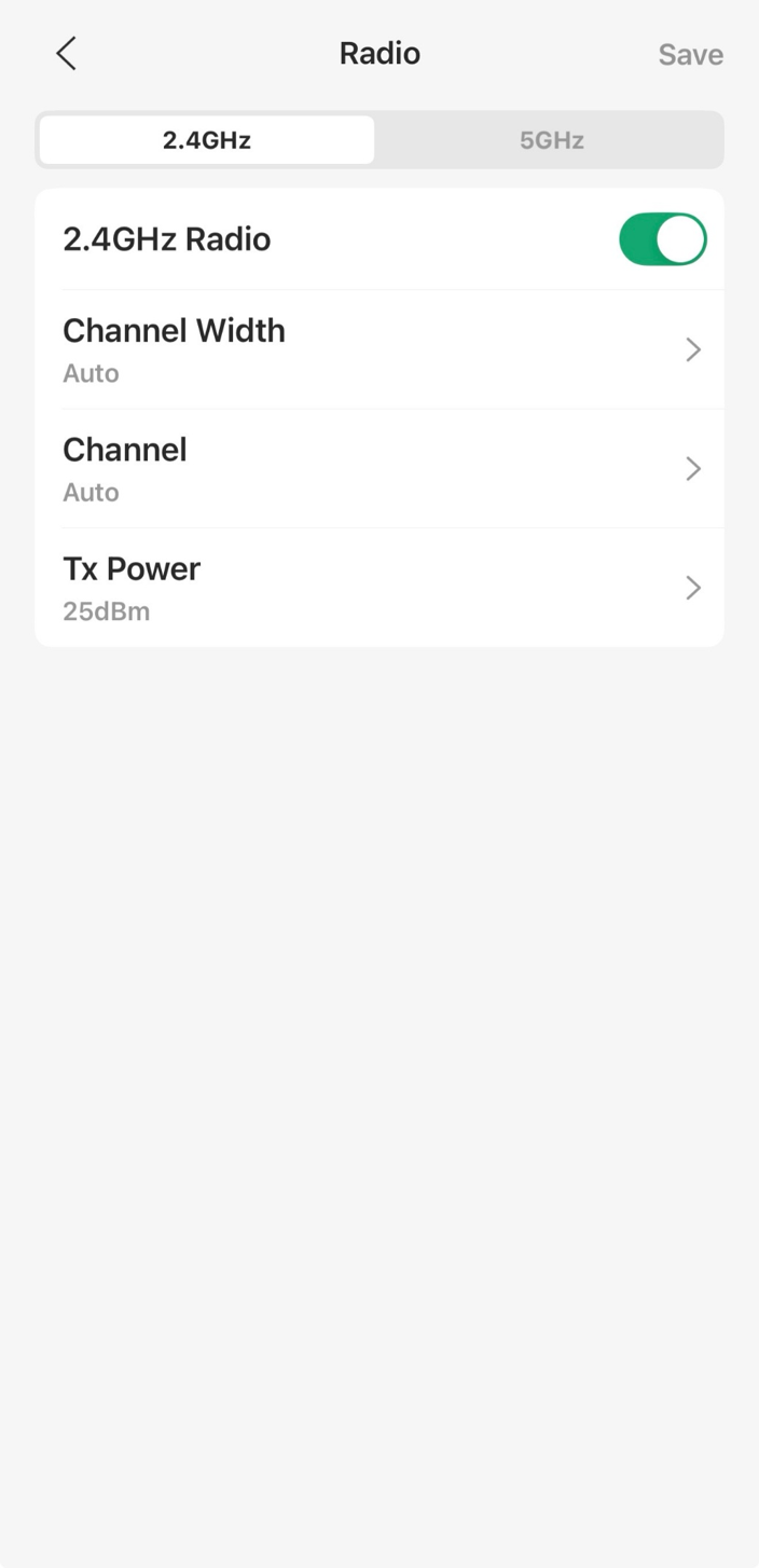 2.4GHz Radio settings page in Omada app.