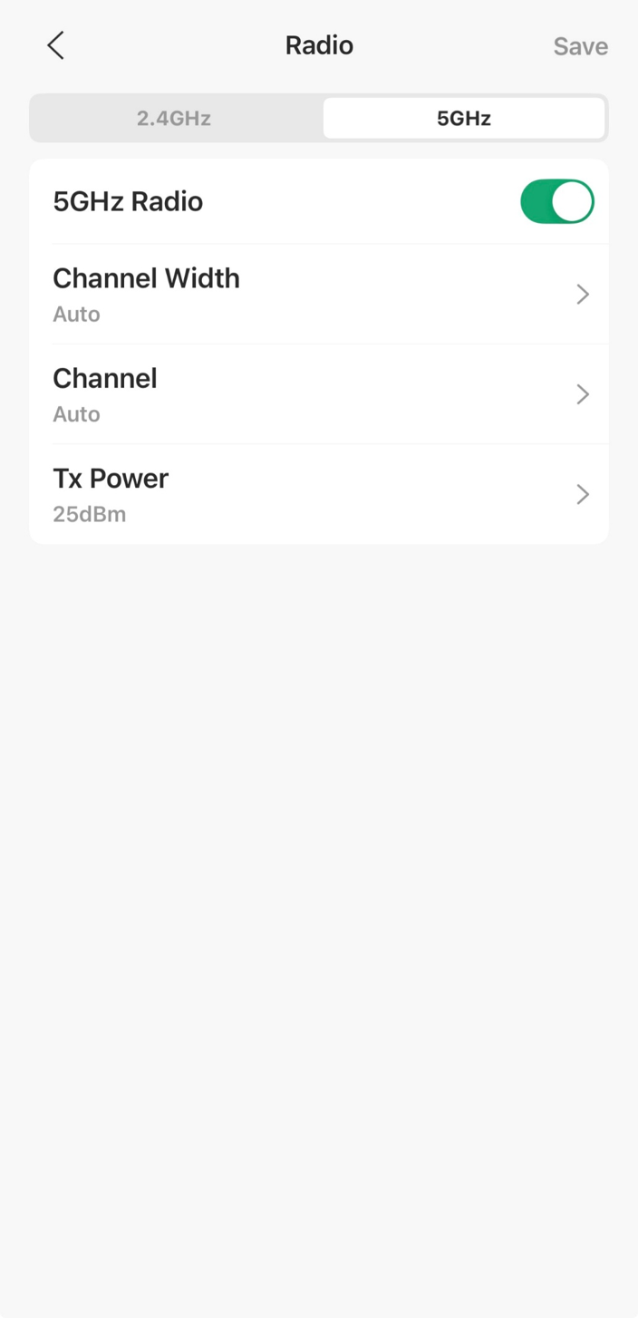 5GHz Radio page in Omada app.