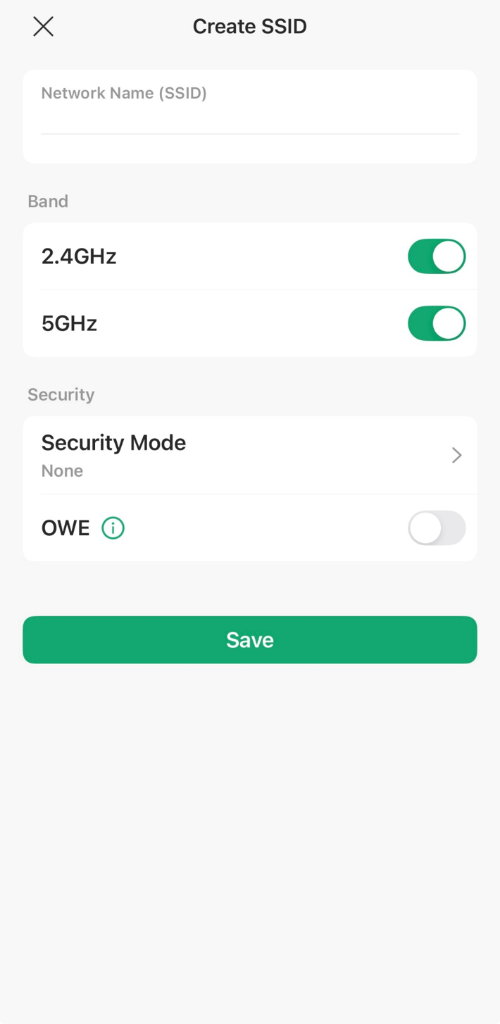 Create SSID page on Omada app.