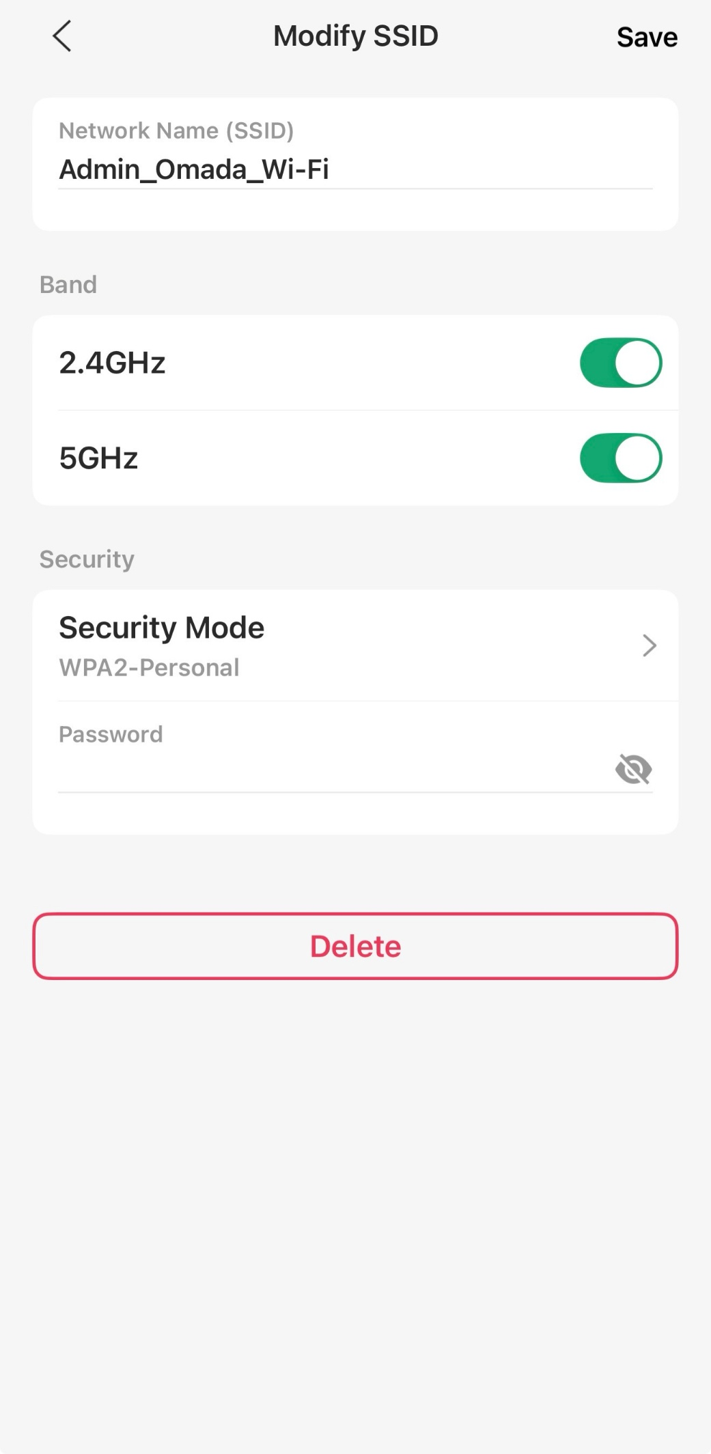Modify SSID page on Omada app.