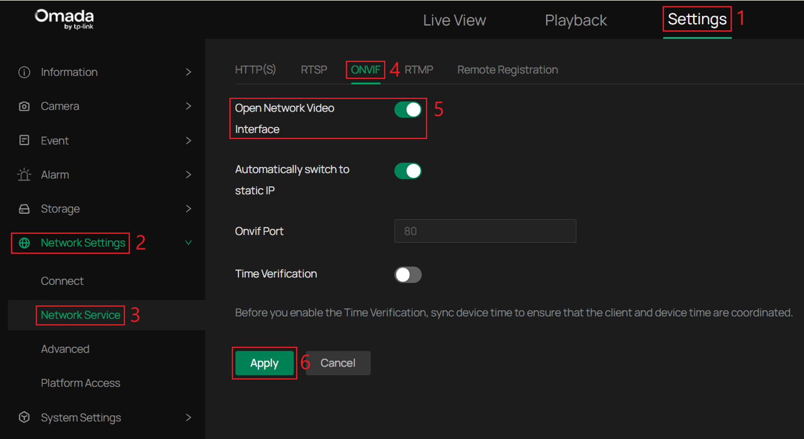 Ensure the Open Network Video Interface is enabled on the Omada camera's web interface.
