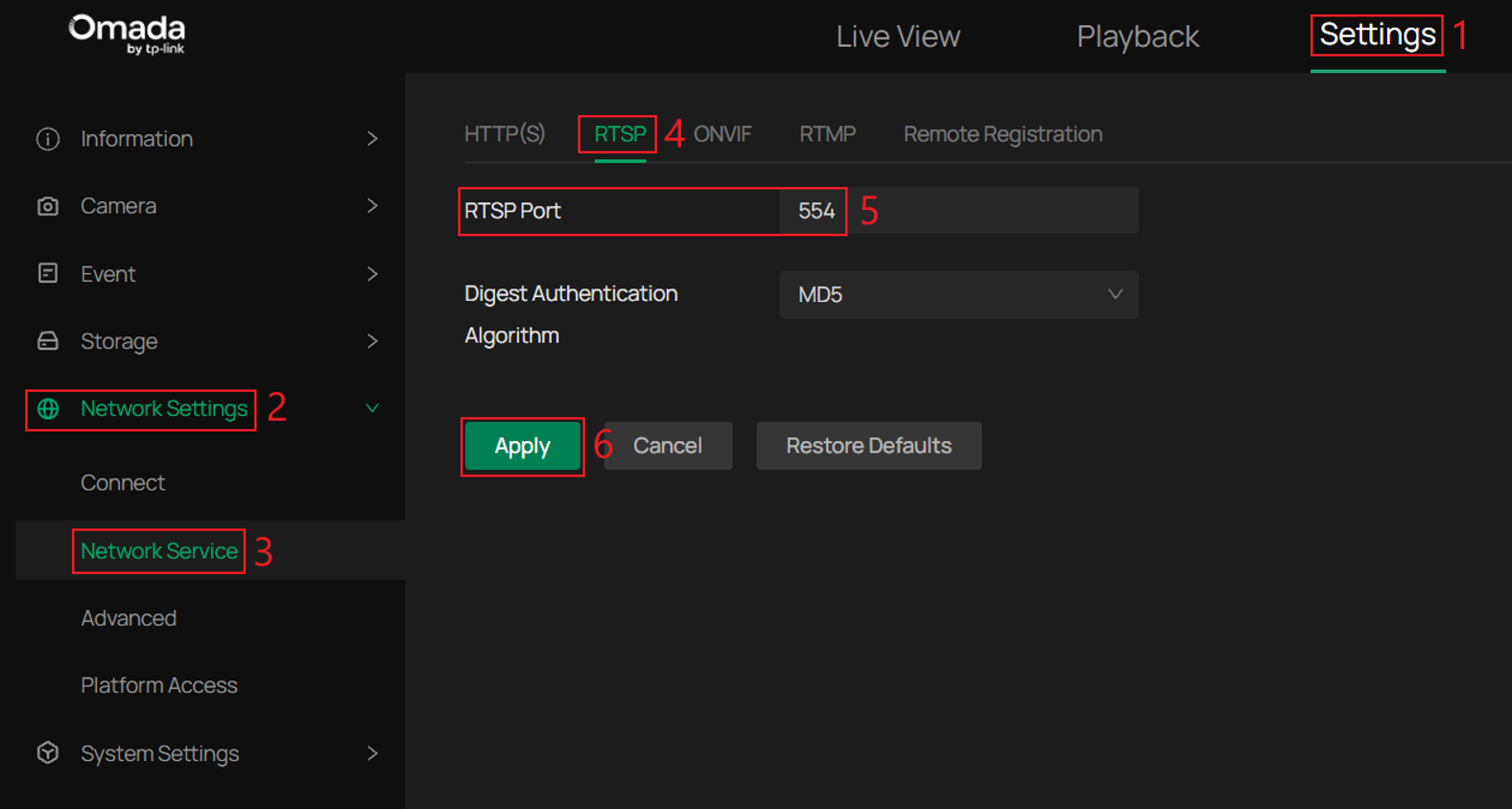Ensure the RTSP Port is 554 on the Omada camera's web interface.