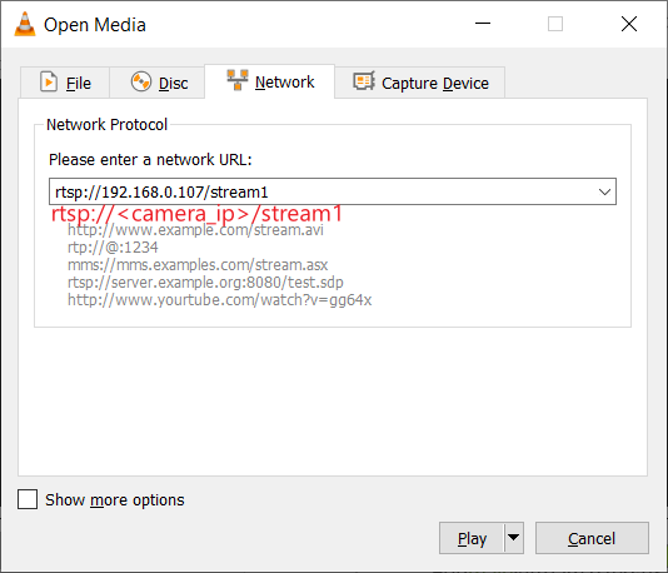 Fill in the URL of the Omada camera on the VLC.