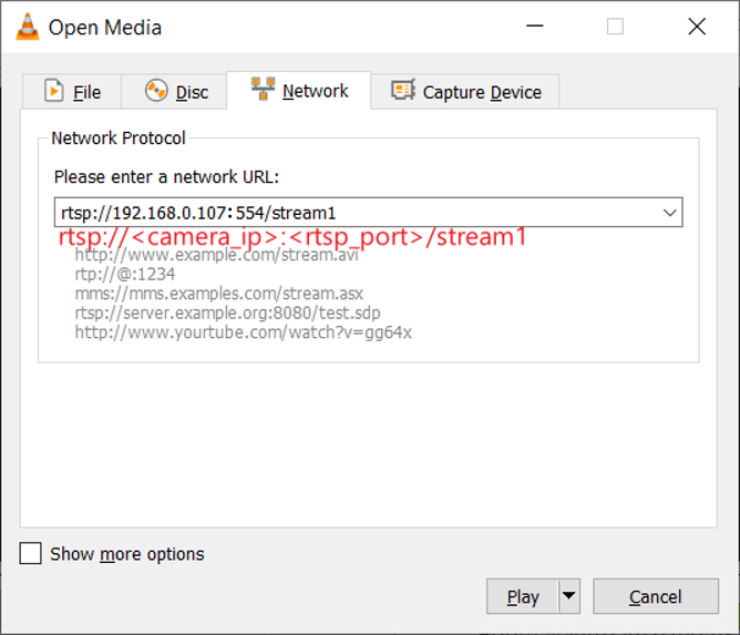 Fill in the URL with RTSP port of the Omada camera on the VLC.
