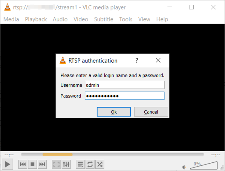Enter the username and password of the Camera on the VLC.