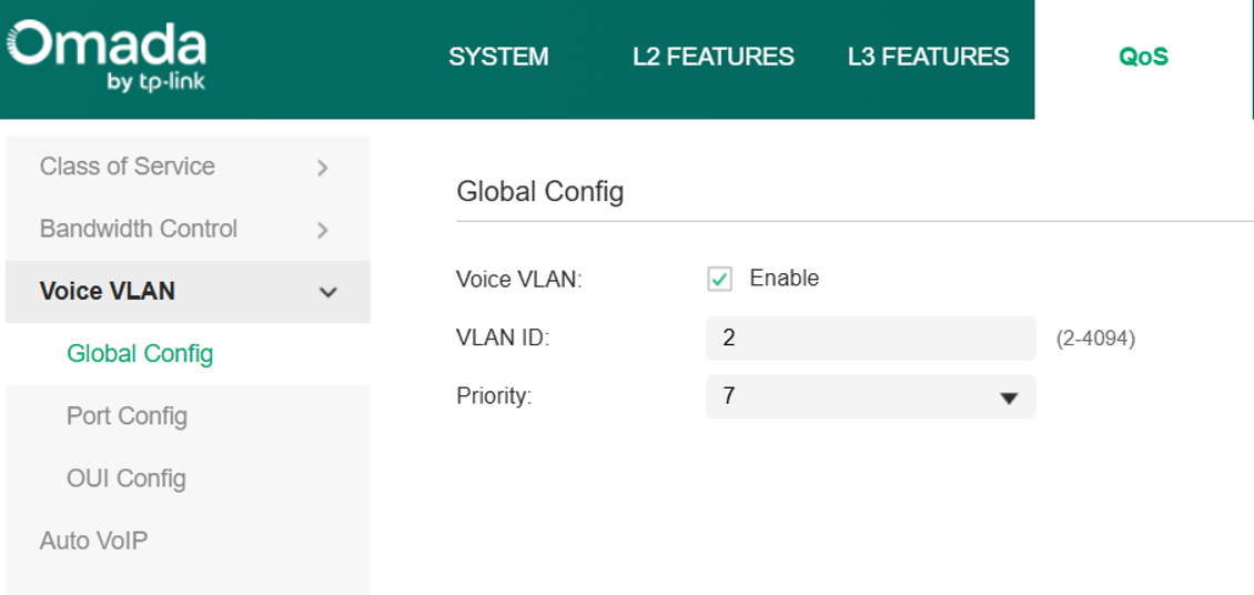 Voice VLAN Global Config page with Voice VLAN enabled
