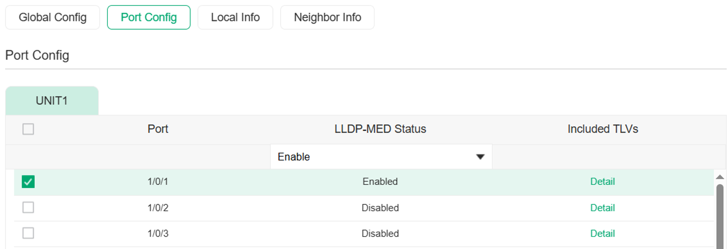 LLDP Port Config page with LLDP-MED enabled on port 1