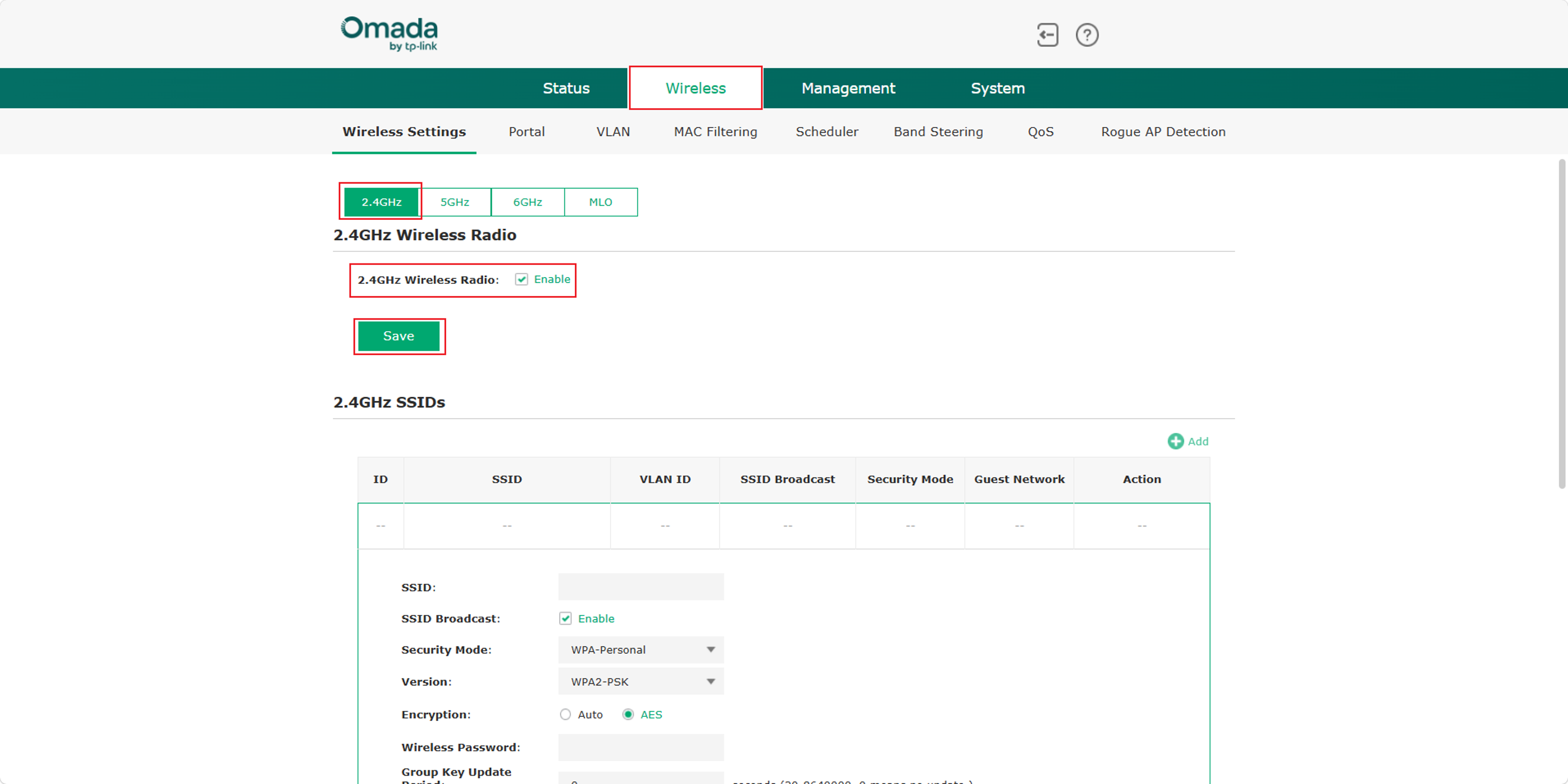 Enable the 2.4GHz Wireless Radio on the Wireless Settings page