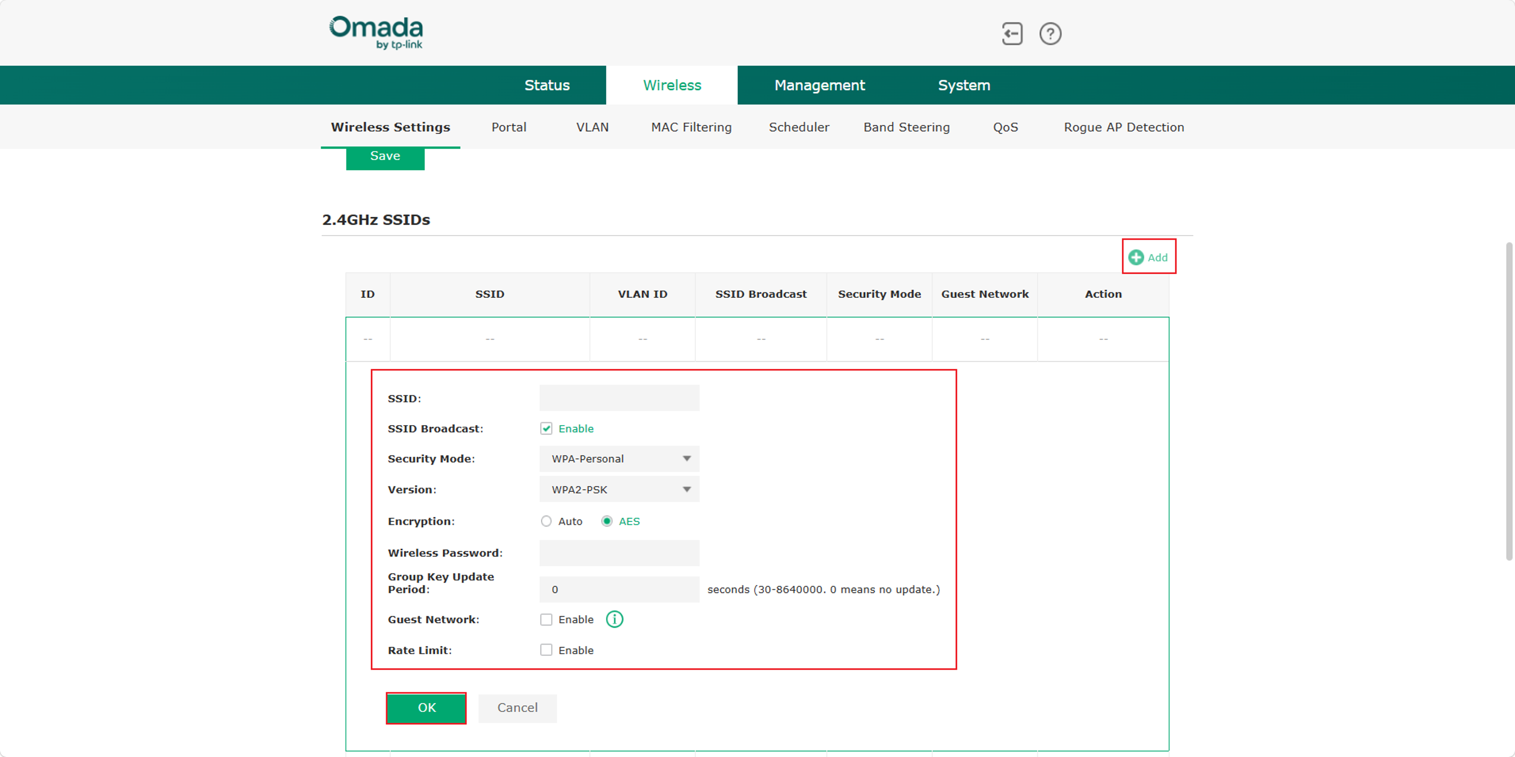 Add a 2.4GHz SSID on the 2.4GHz Wireless Settings page