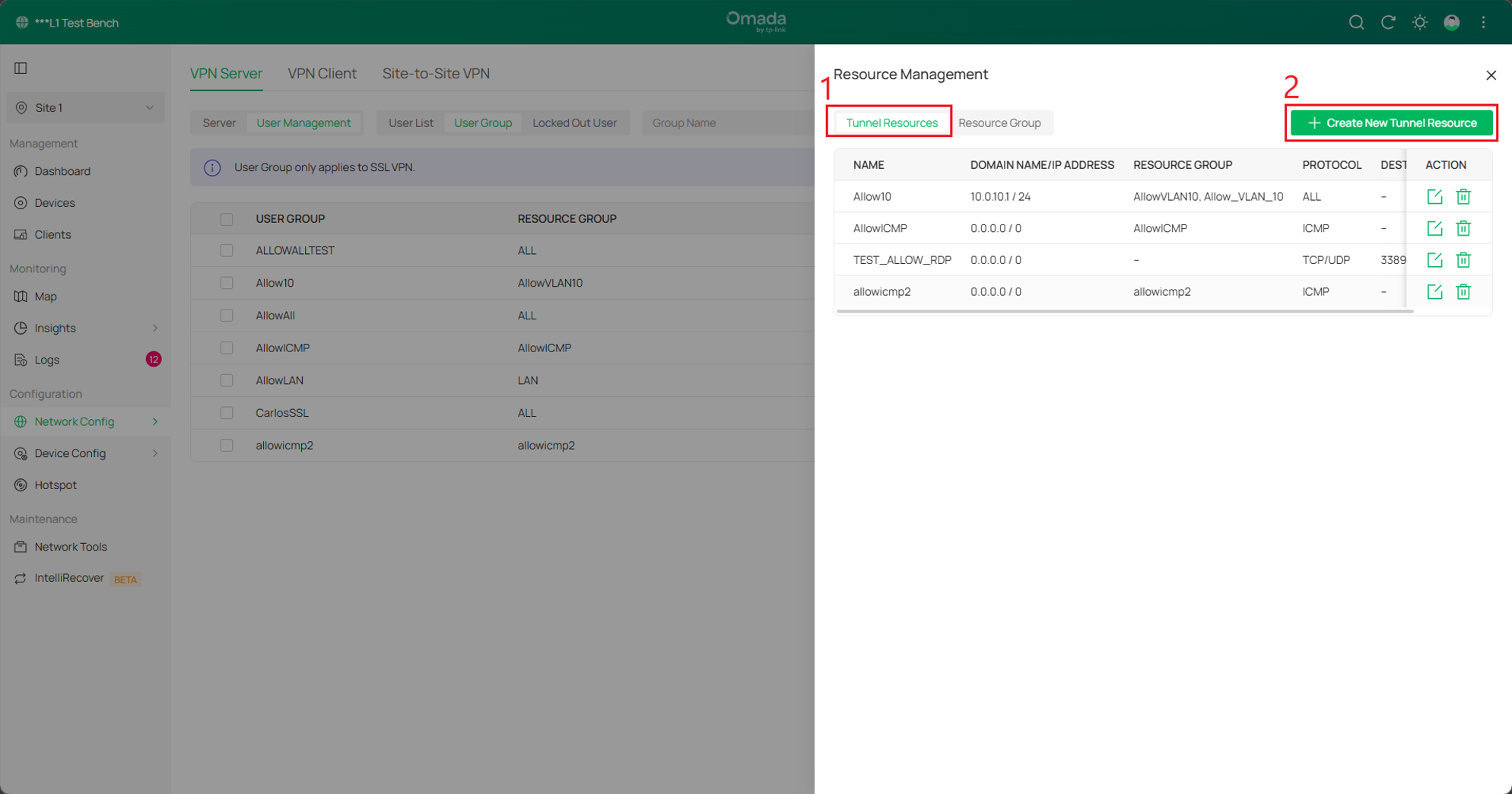 Set tunnel resource for a certain VPN client.
