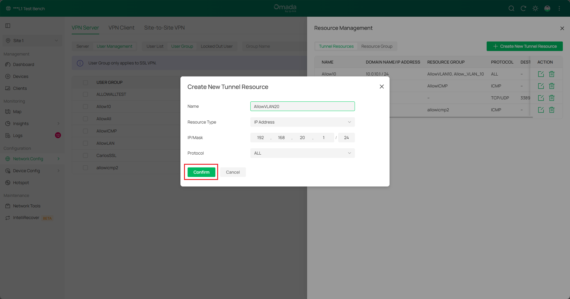 Create New Tunnel Resource window in controller mode.