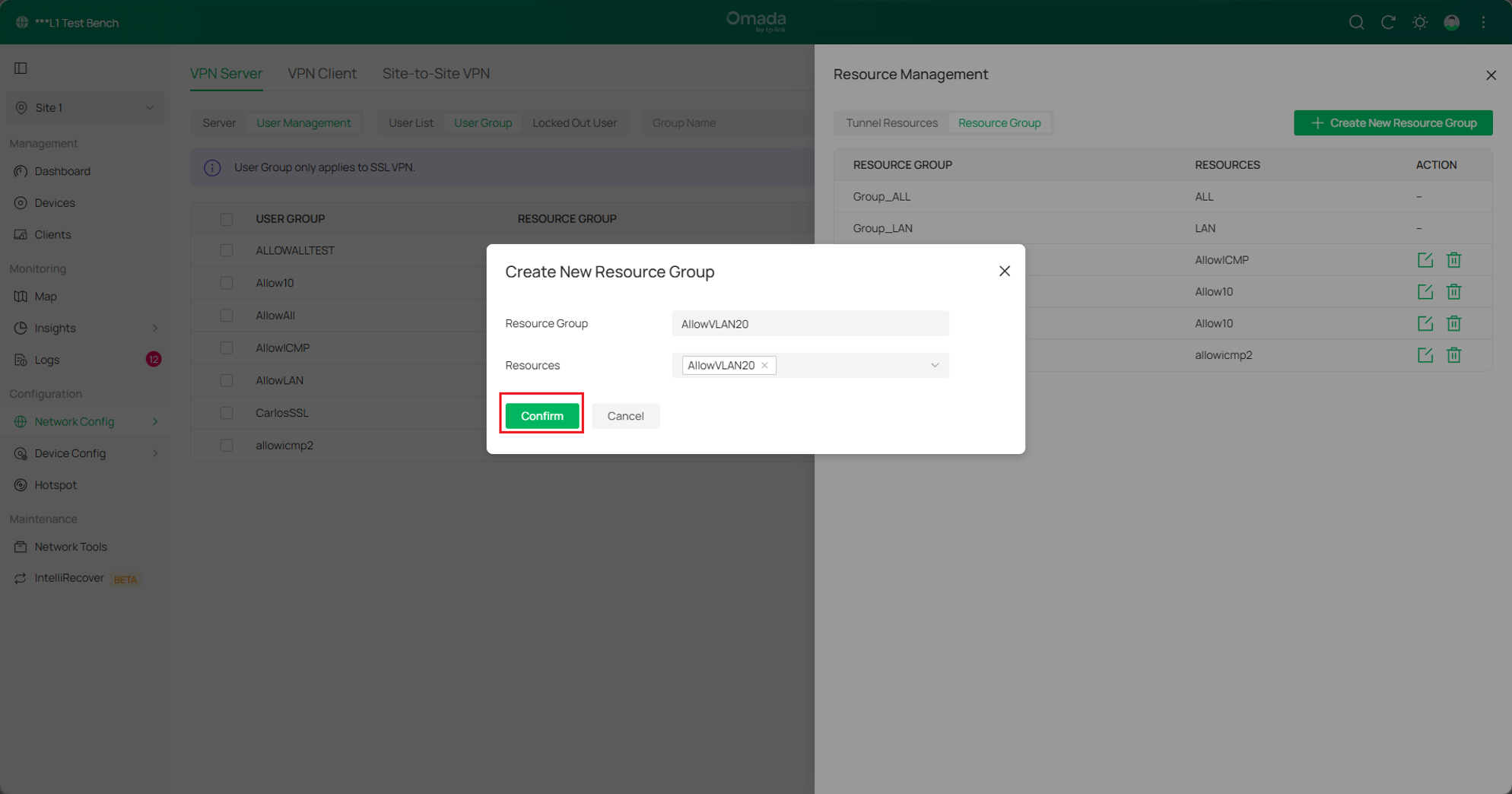 Highlight confirm button in create new resource group window.