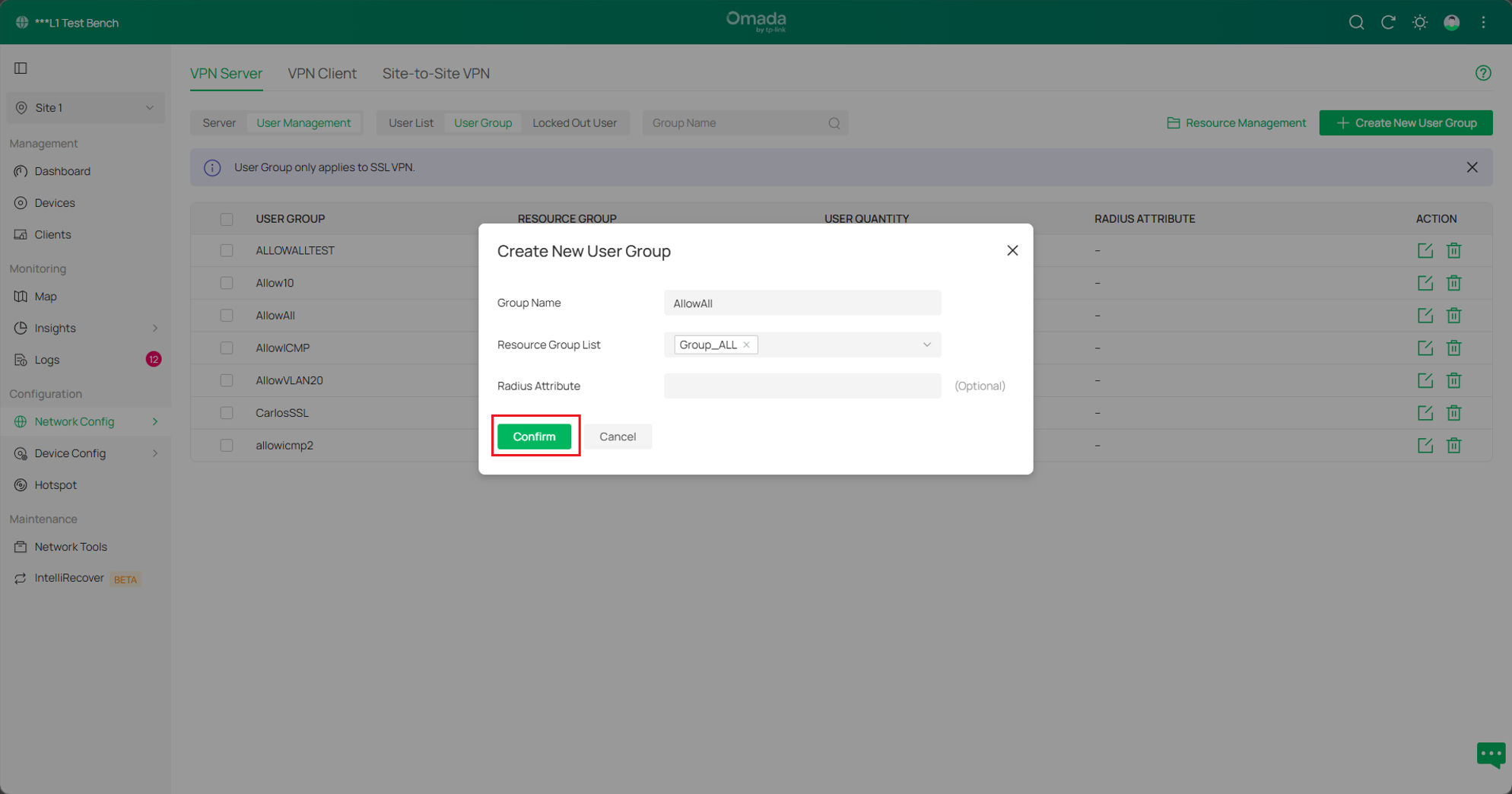 Highlight confirm button for allow all rule in create new user group window.