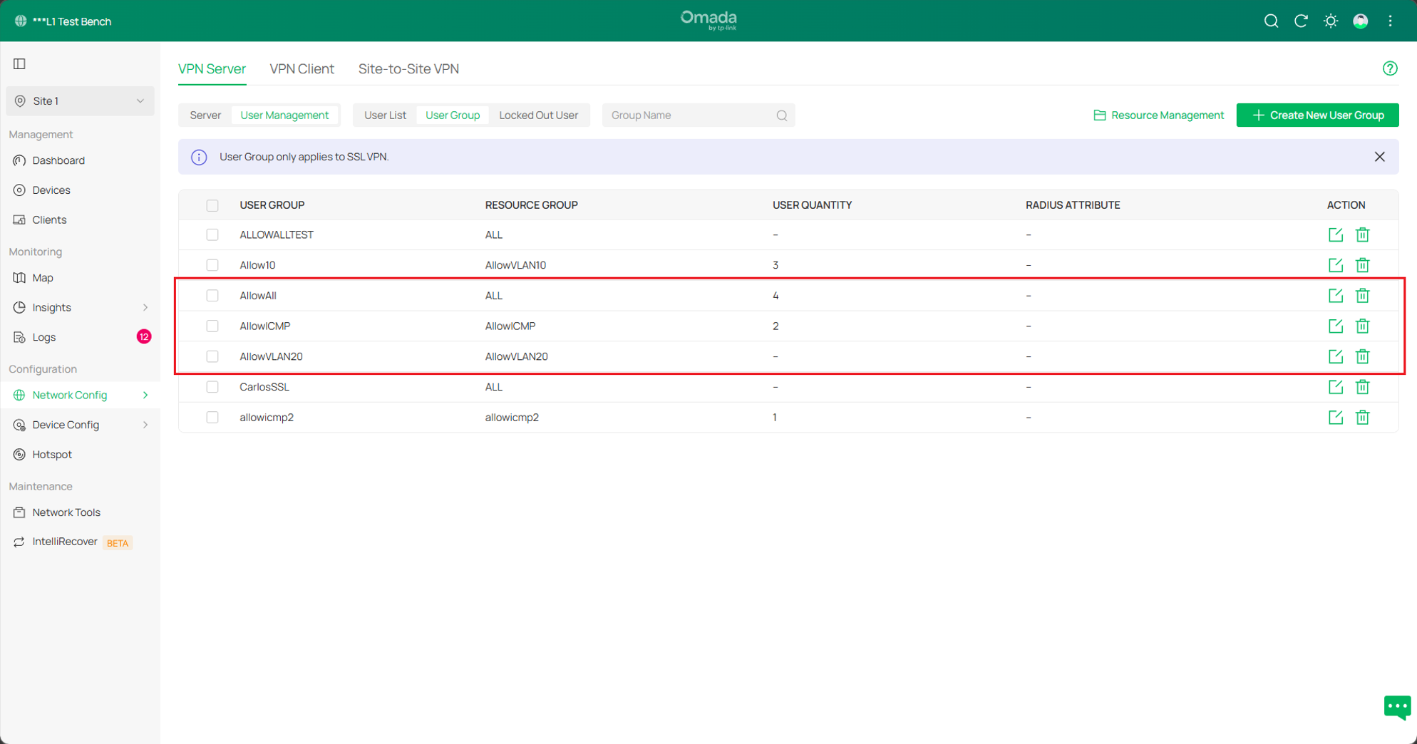 Shows the three created User Groups.