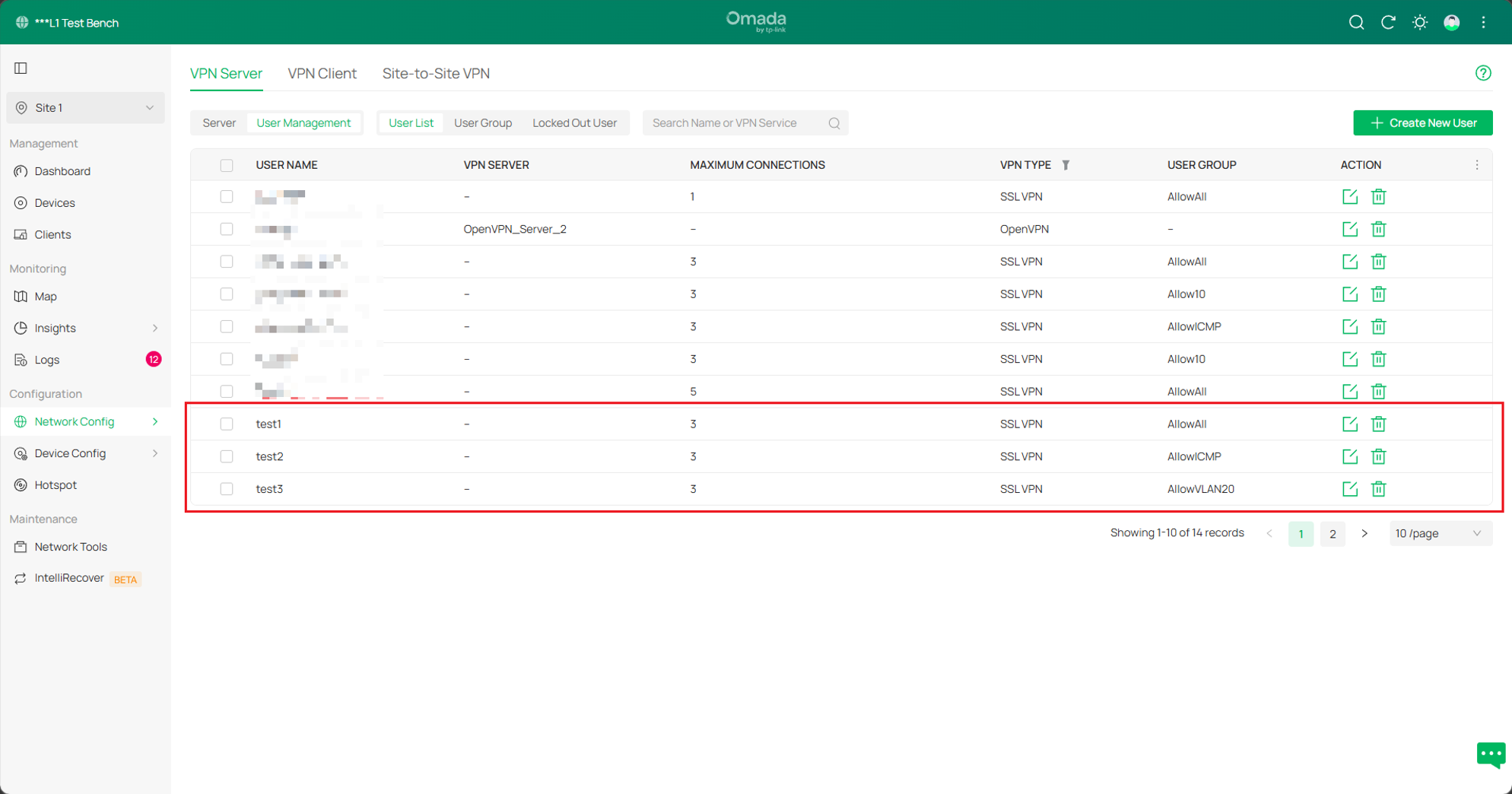 Shows the three created Users.