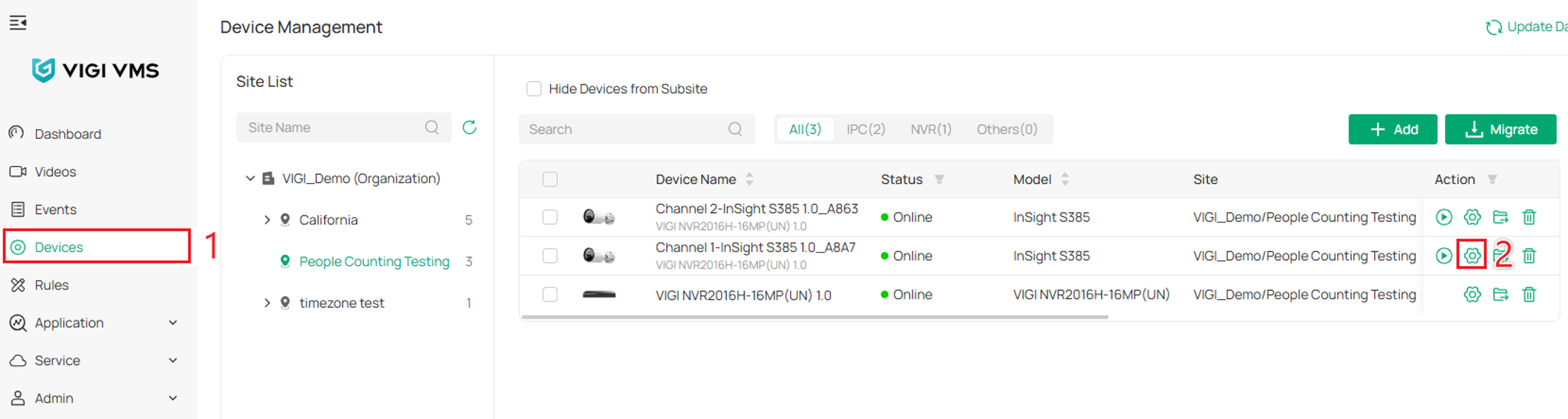 Finding the edit button for the IPC for initial People Counting setup.