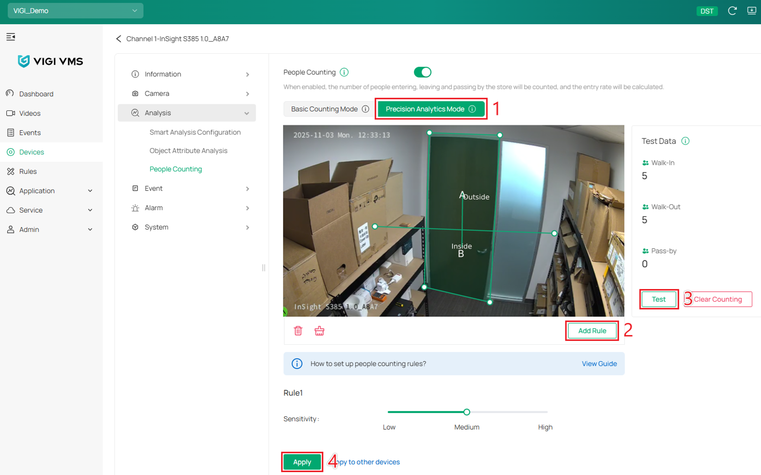 Basic setup of People Counting using Precision Analytics Mode.