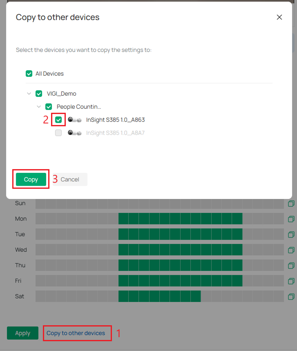Select the devices to which you want to copy the settings.