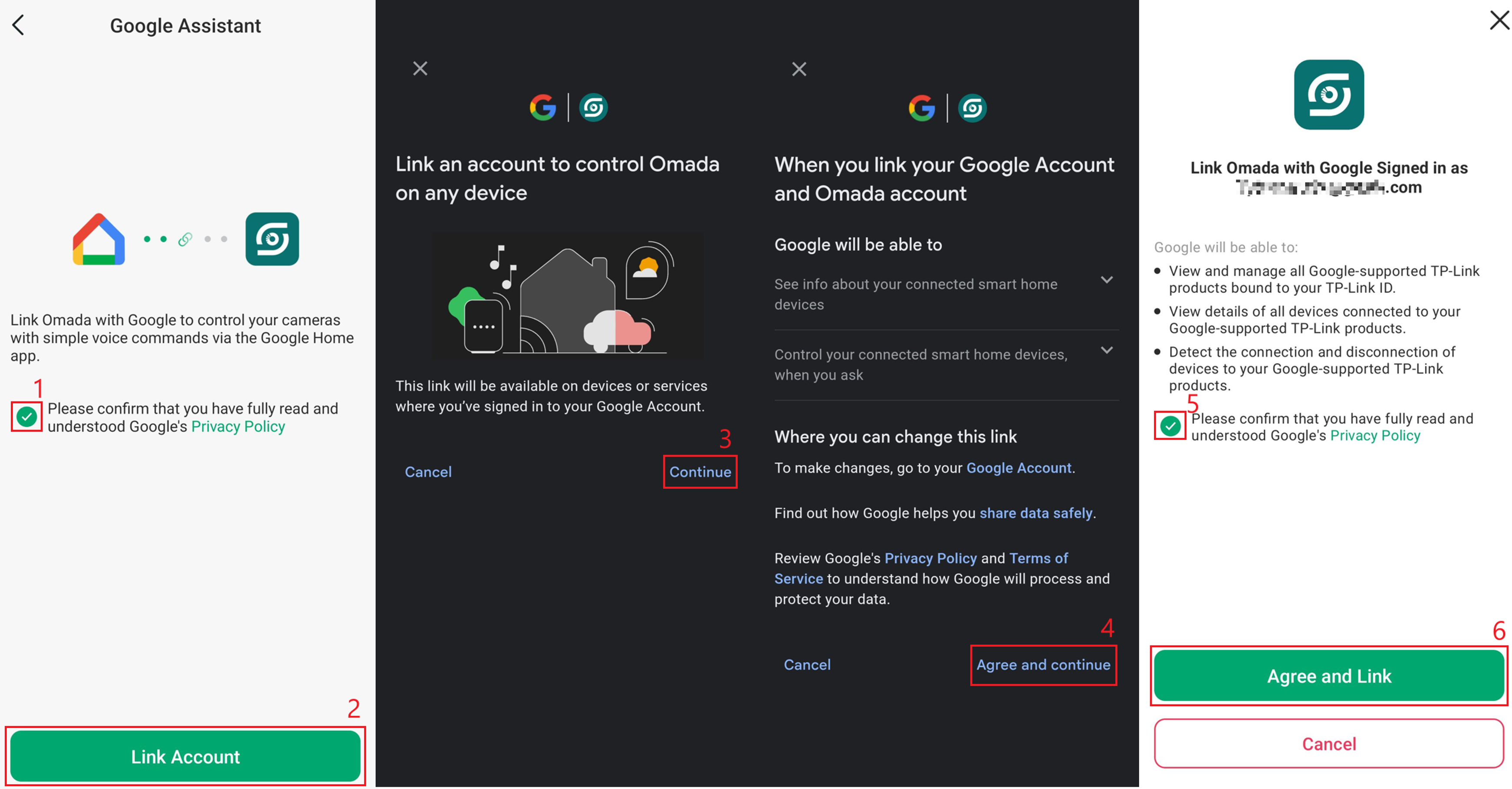 Google Assistant screens showing privacy confirmation and authorization to link Omada Guard.