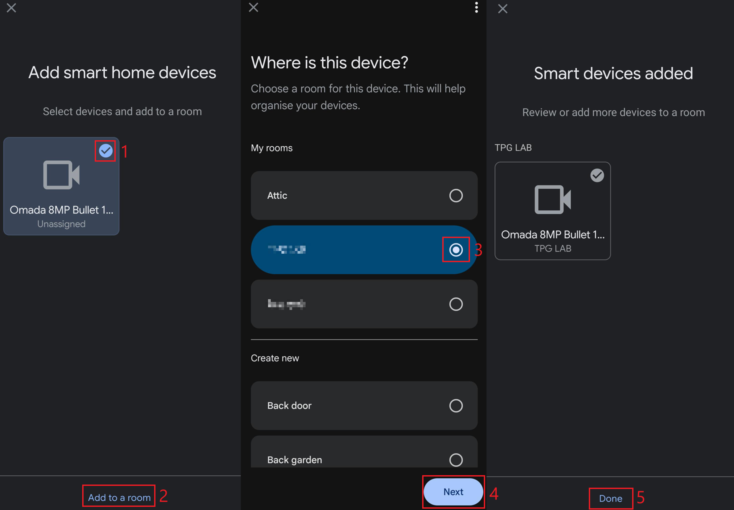 Google Home app screens showing an Omada camera selected, assigned to a room, and added as a smart home device.