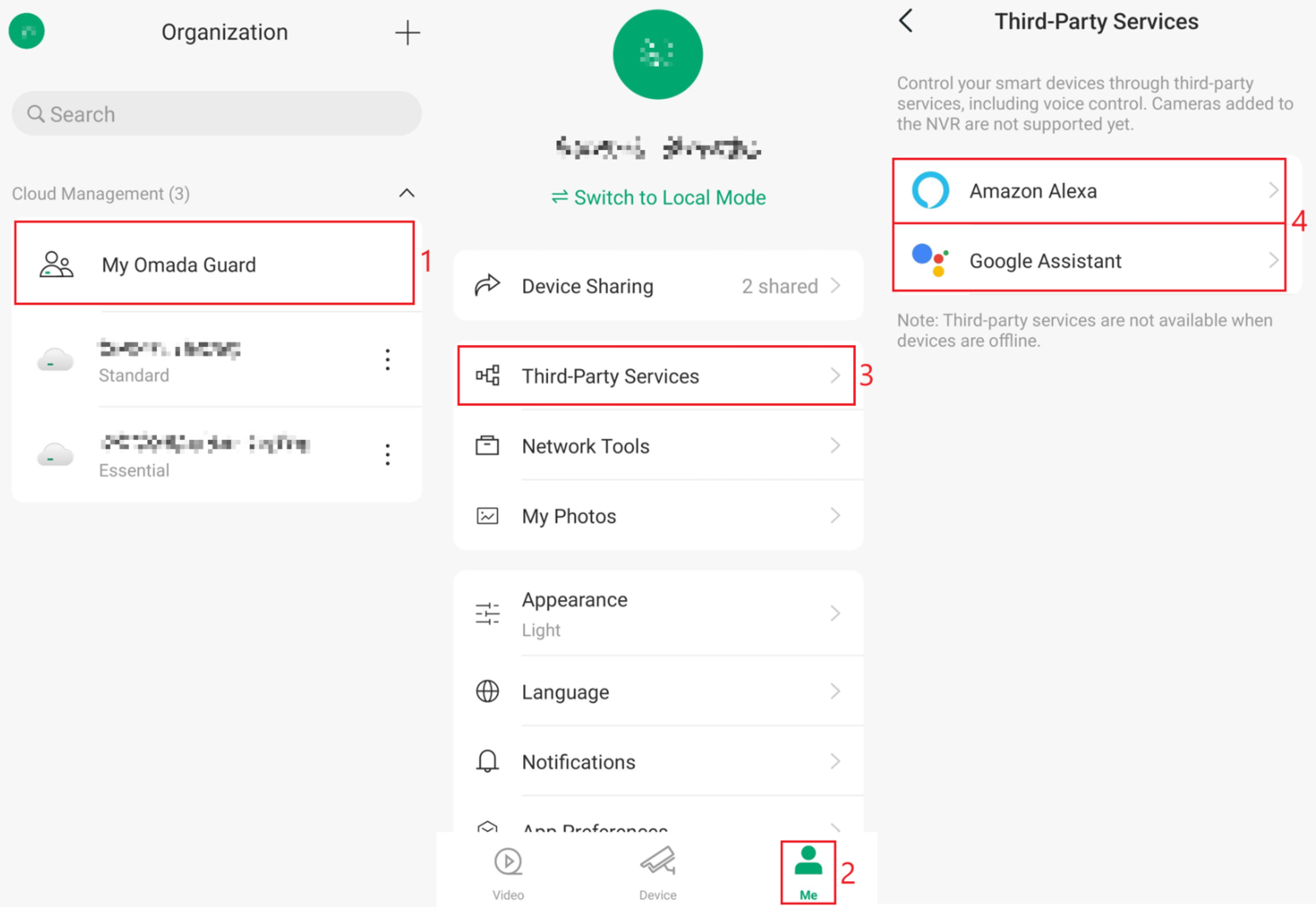 Omada Third-Party Services screen showing Amazon Alexa and Google Assistant integration options.