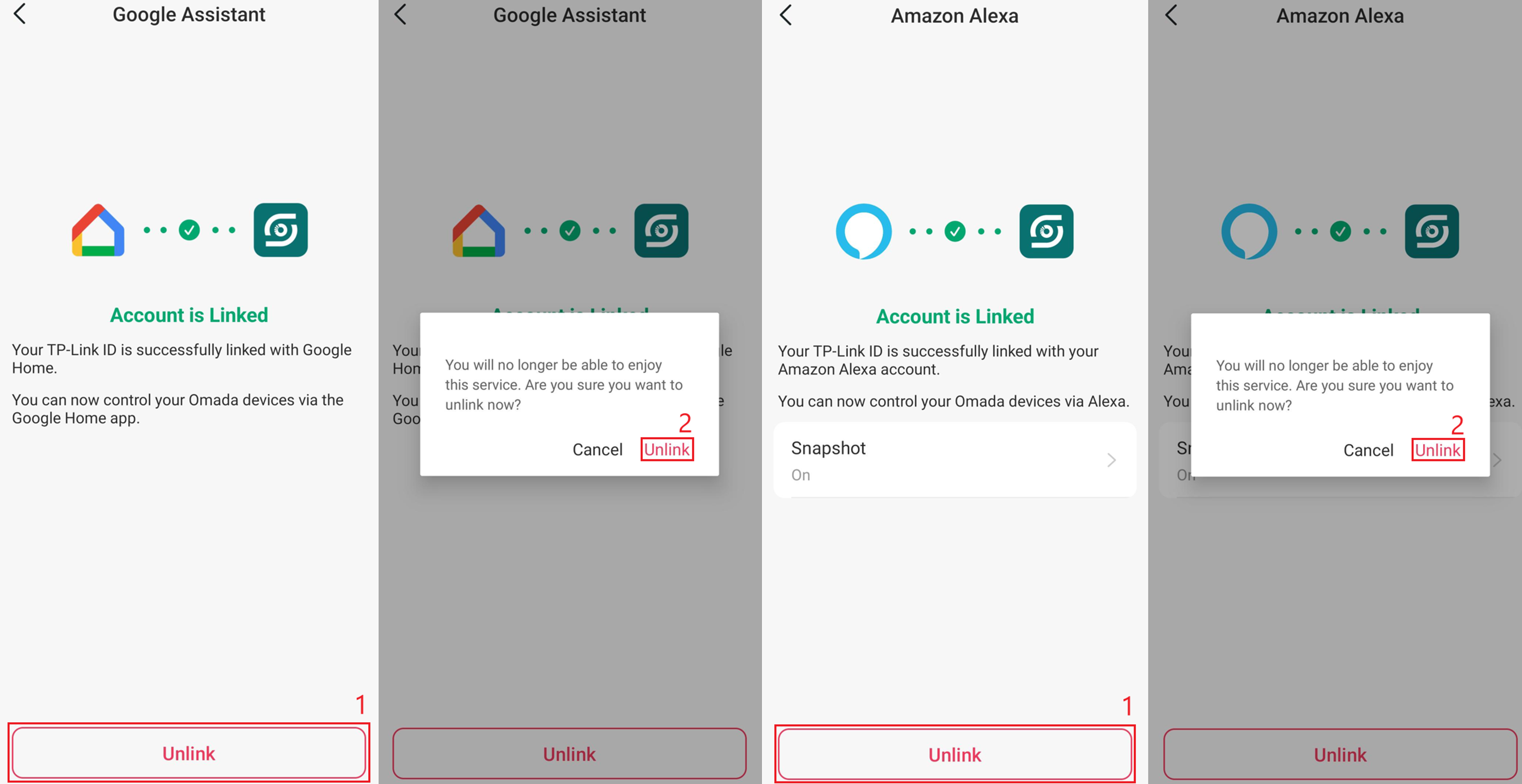 Google Assistant and Amazon Alexa account screens showing options to unlink Omada Guard.