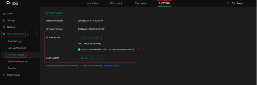 display the process of Omada NVR firmware update via Web UI.