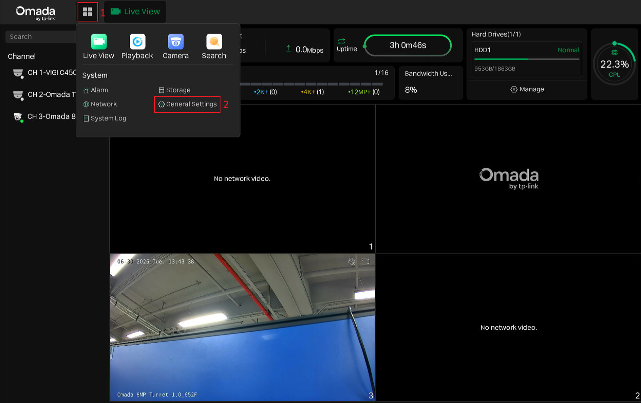 Omada NVR Live View screen showing the app menu and the path to General Settings.