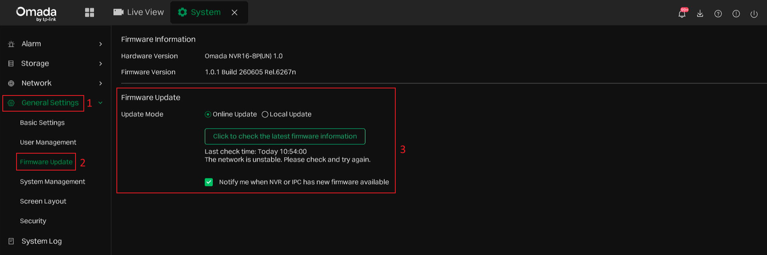 display the Firmware Update page in the Omada NVR GUI.