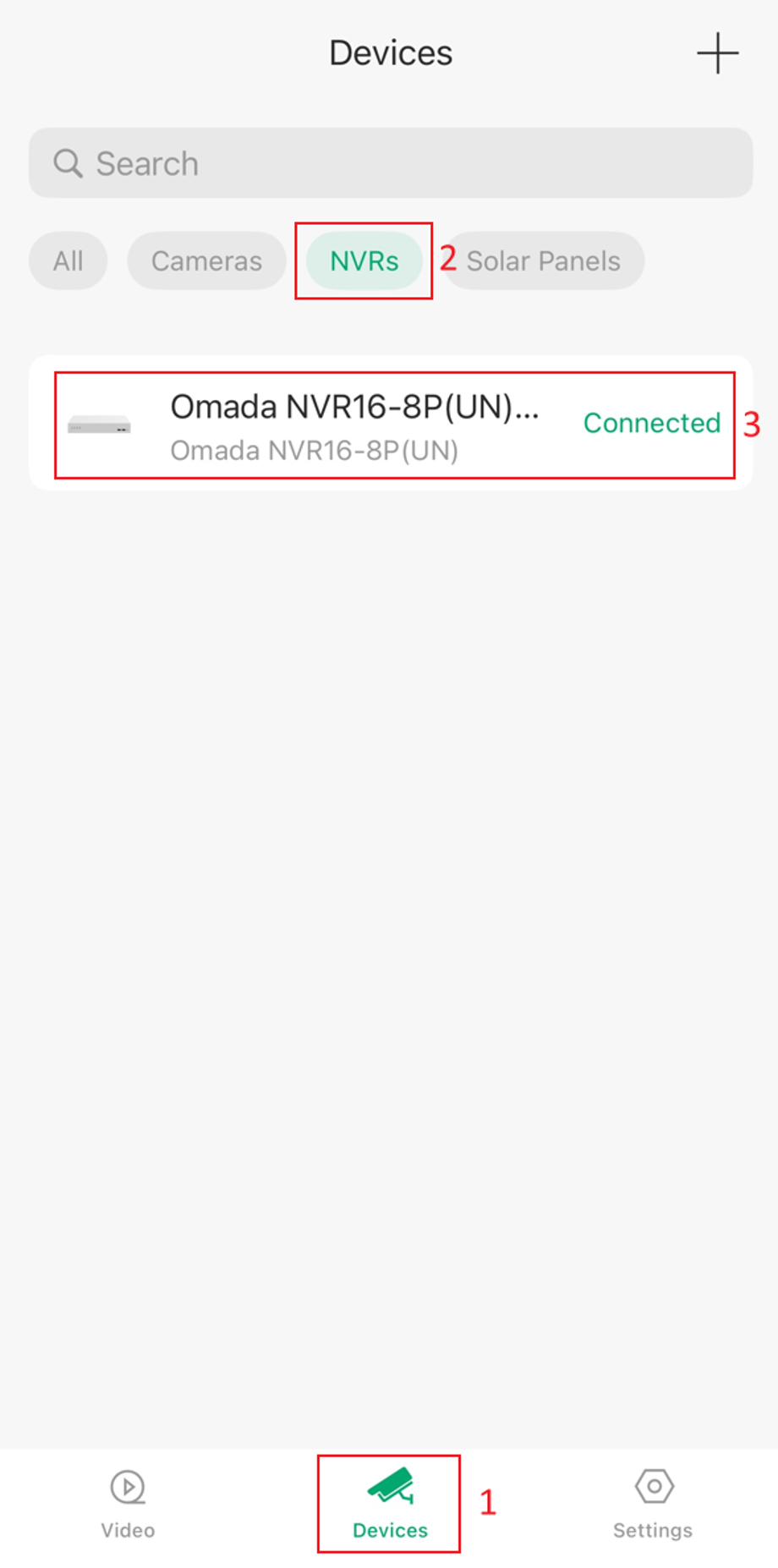 Omada Guard App Devices page showing the connected Omada NVR in the NVRs device list.