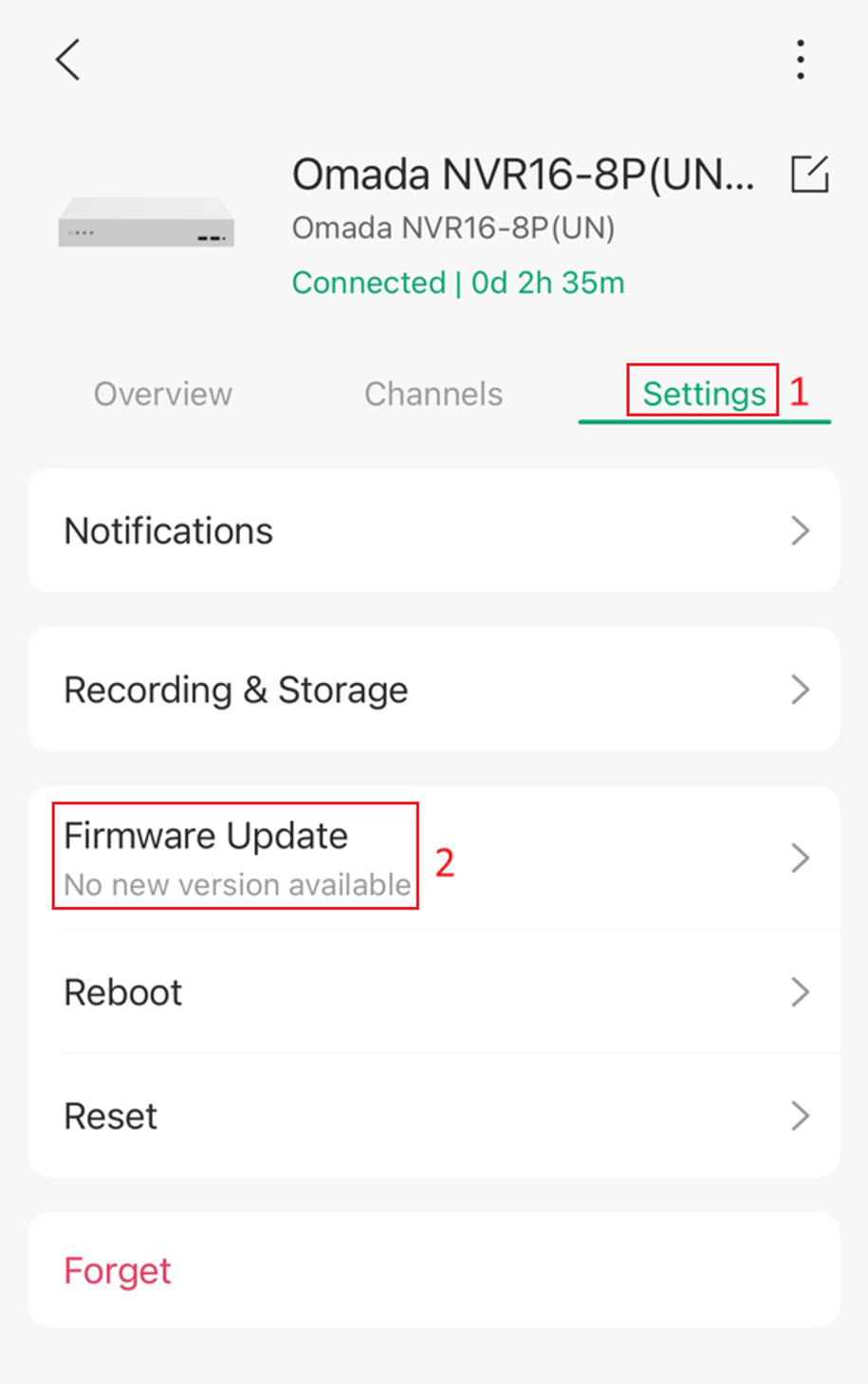 Omada NVR Settings page in Omada Guard App displaying the Firmware Update option.
