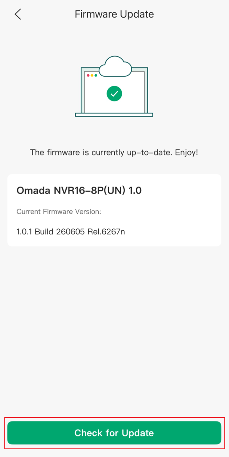 Firmware Update page showing the current firmware version and the Check for Update button.