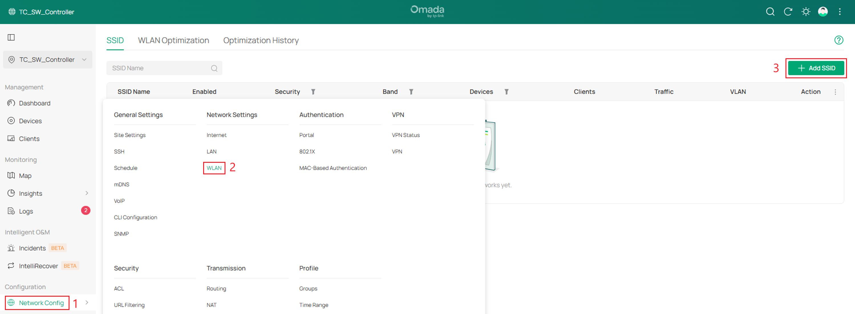 Network Config > WLAN page in Omada Controller v6.3 showing the Add SSID button to create a wireless network.