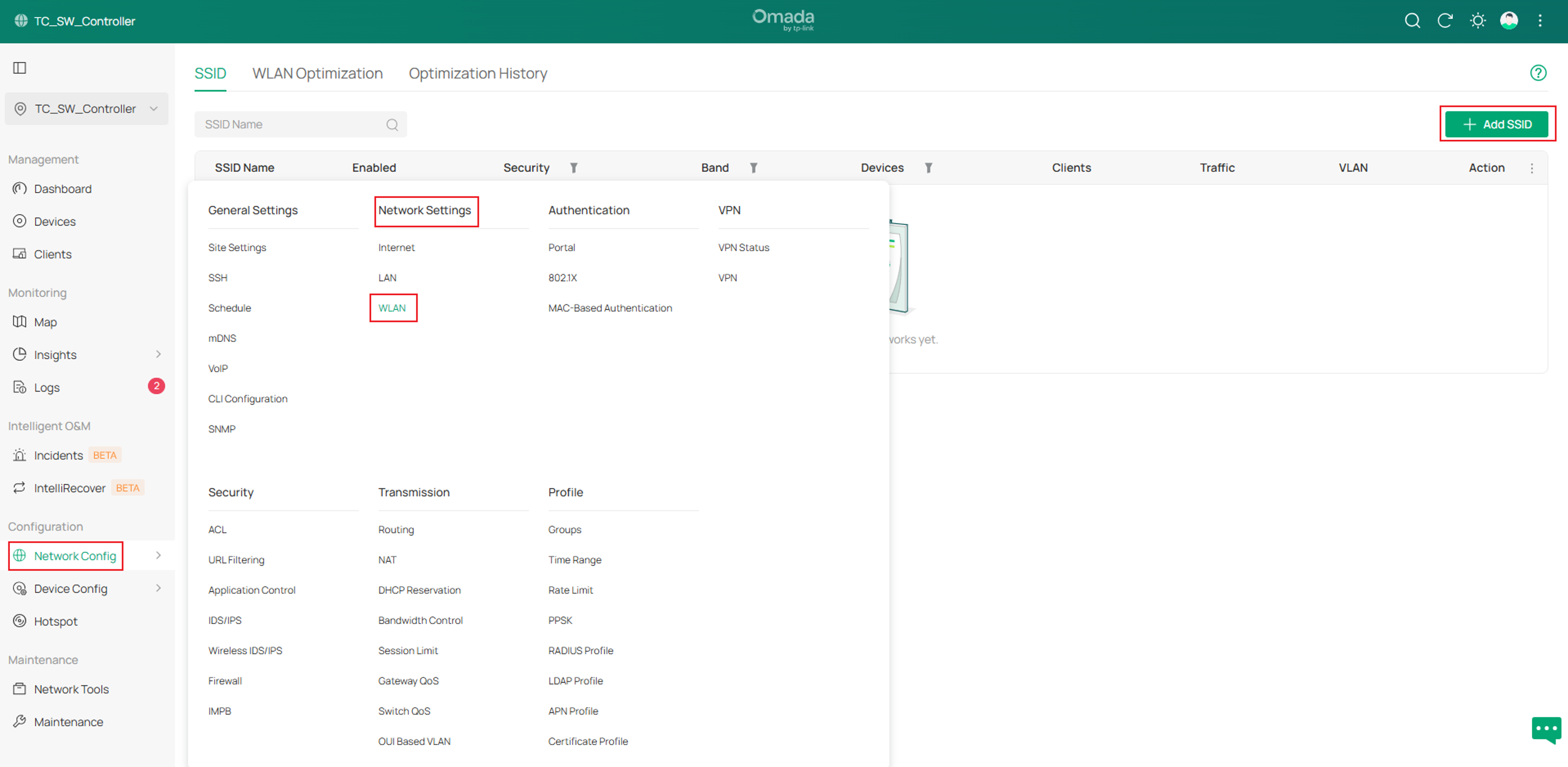 Omada Controller Network Config > Network Settings > WLAN page showing “+ Add SSID” button to create SSID.