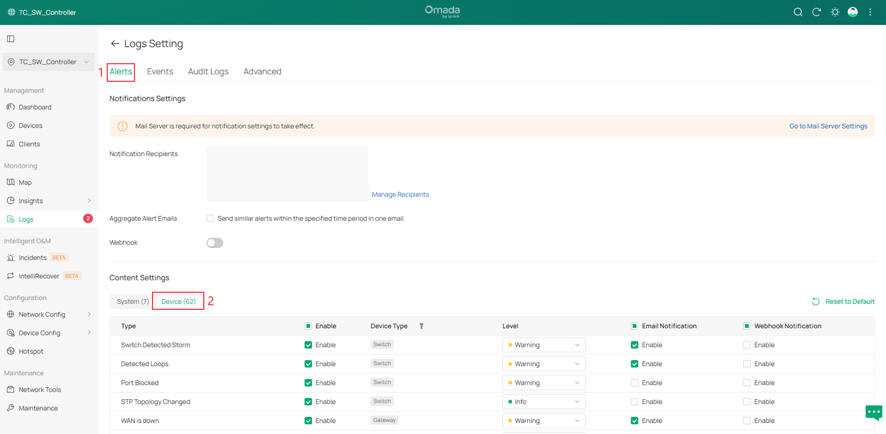 Device Alerts page displaying the EAP SSID Broadcast Control alert configuration.