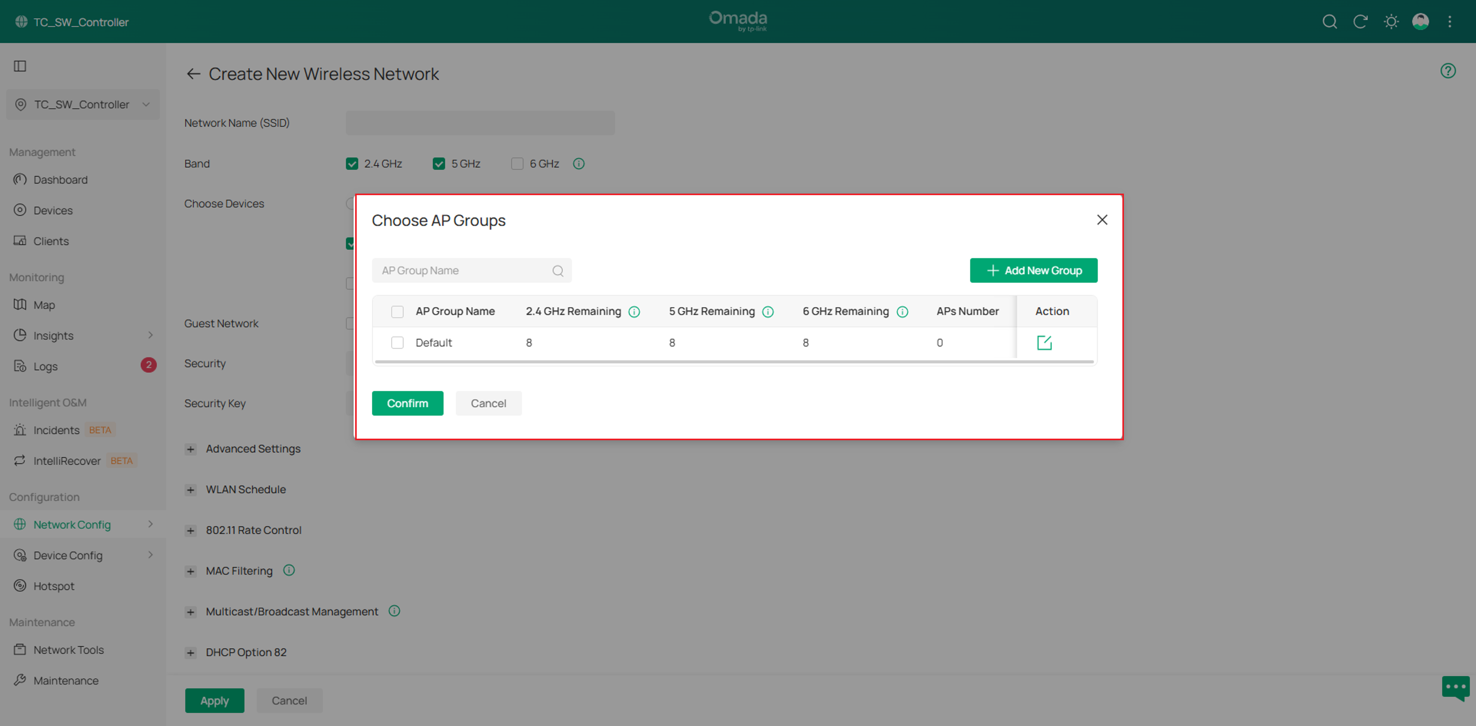 show the interface to check and configure AP Groups for the Controller in Site View.