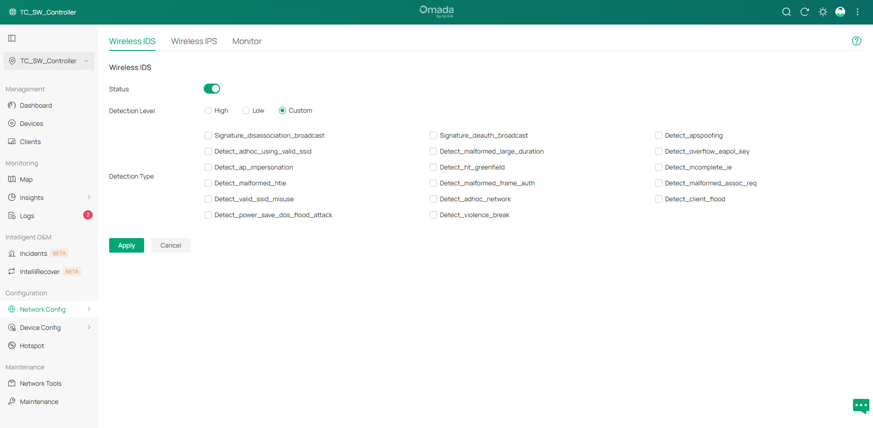 show the interface to check and configure Wireless IDS/IPS for the Controller in Site View.