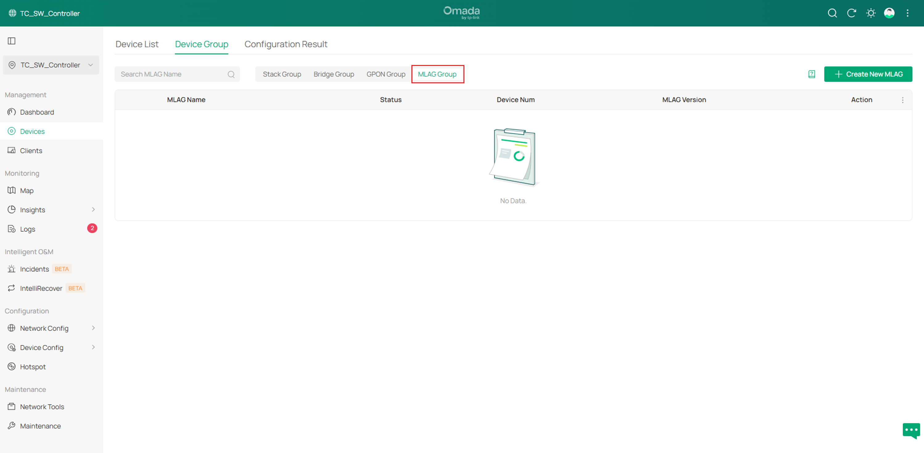 device group page showing the entrance to check and configure M-LAG Group for the Controller in Site View.