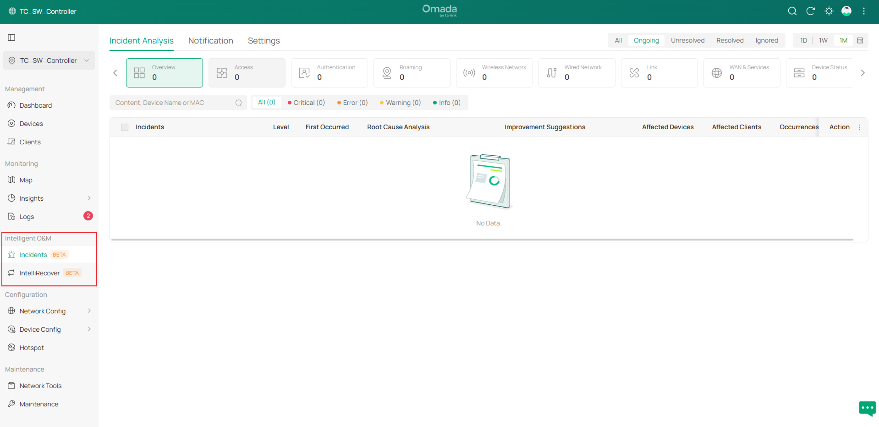 show the interface to check and configure Intelligent O&M for the Controller in Site View.