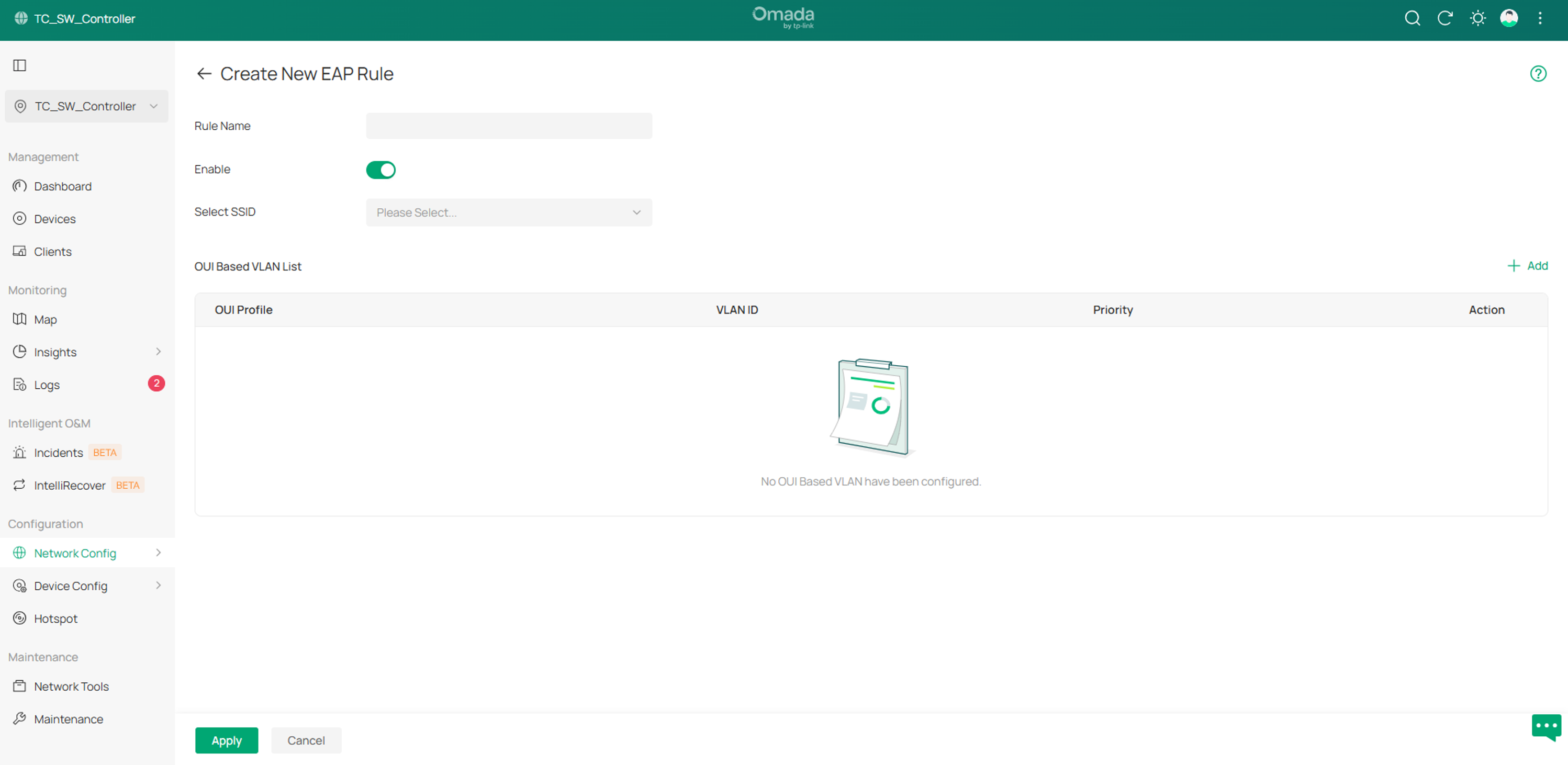 show the interface to configure OUI Based VLAN on SSIDs for the Controller in Site View.
