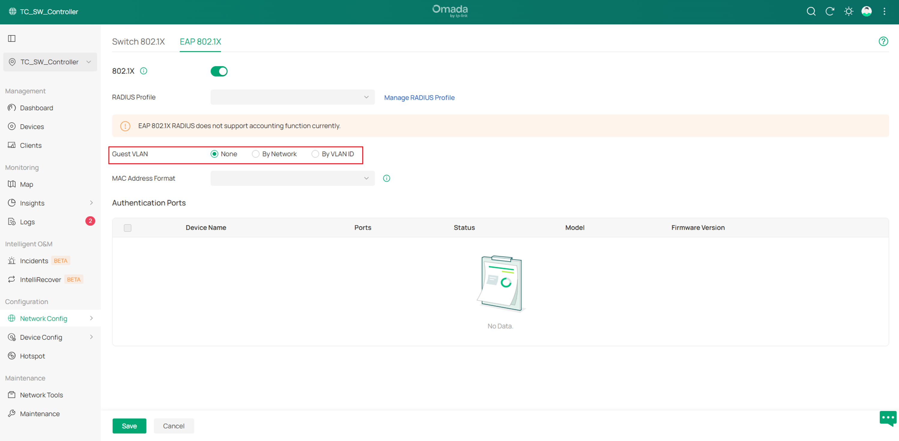 show the interface to check and configure EAP 802.1X for the Controller in Site View.