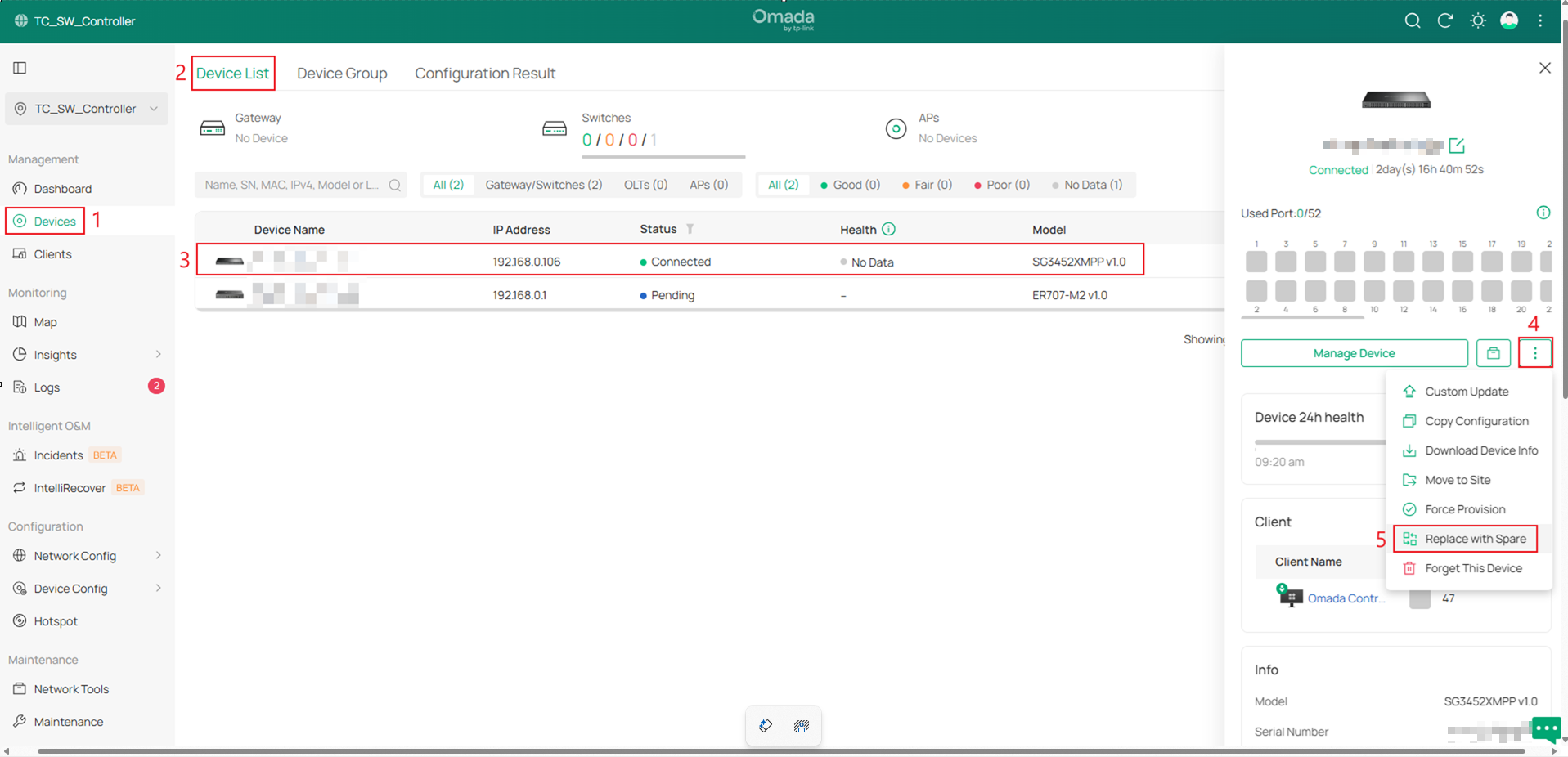 device list page showing the entrance to configure Replace with Spare for the Controller in Site View.