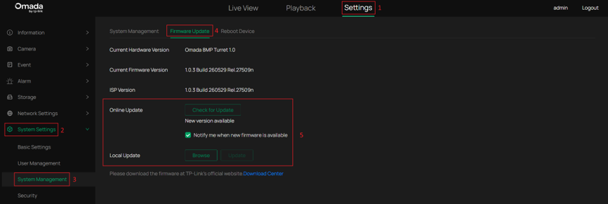 Omada Camera Web UI displaying the Firmware Update page with online and local firmware upgrade options.